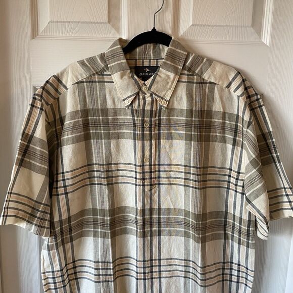 Antigua Men’s Medium Casual Button Up Shirt Plaid Linen Blend NWT Short Sleeve - Picture 2 of 9
